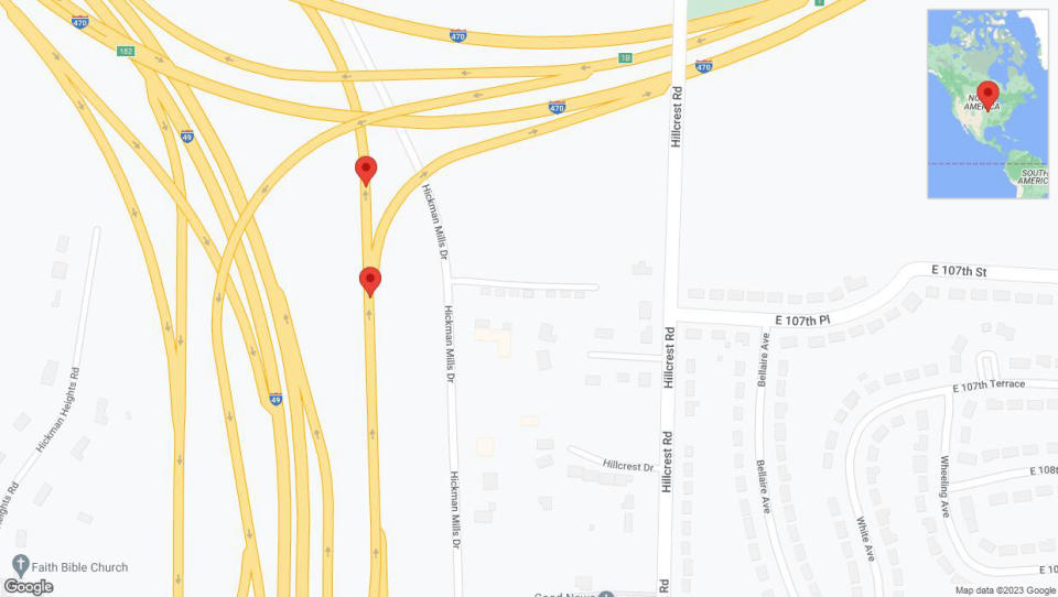 A detailed map that shows the affected road due to 'A crash has been reported on Hickman Mills Drive' on December 22nd at 7:05 p.m.