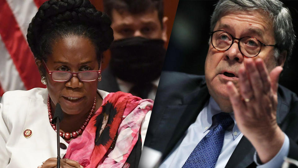 Rep. Shirley Lee Jackson, D-Texas, and Attorney General William Barr.  (Matt McClain/Pool/AFP via Getty Images, Chip Somodevilla/Pool/AFP via Getty Images)