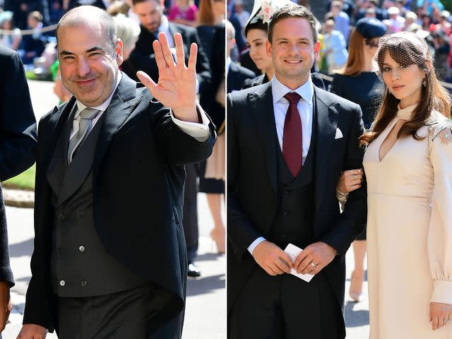 <p>Ian West - WPA Pool/Getty</p> Rick Hoffman, Patrick J. Adams, and Troian Bellisario attend the wedding of Prince Harry and Meghan Markle in 2018