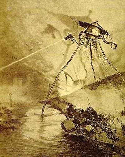 Ilustración de la edición en francés en 1909 de <em>La guerra de los mundos</em>. <a href="https://commons.wikimedia.org/wiki/File:War-of-the-worlds-tripod.jpg" rel="nofollow noopener" target="_blank" data-ylk="slk:Wikimedia Commons / Alvim Corréa;elm:context_link;itc:0;sec:content-canvas" class="link ">Wikimedia Commons / Alvim Corréa</a>