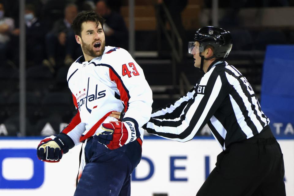 Tom Wilson yells at the New York Rangers bench after taking a second period penalty at Madison Square Garden.