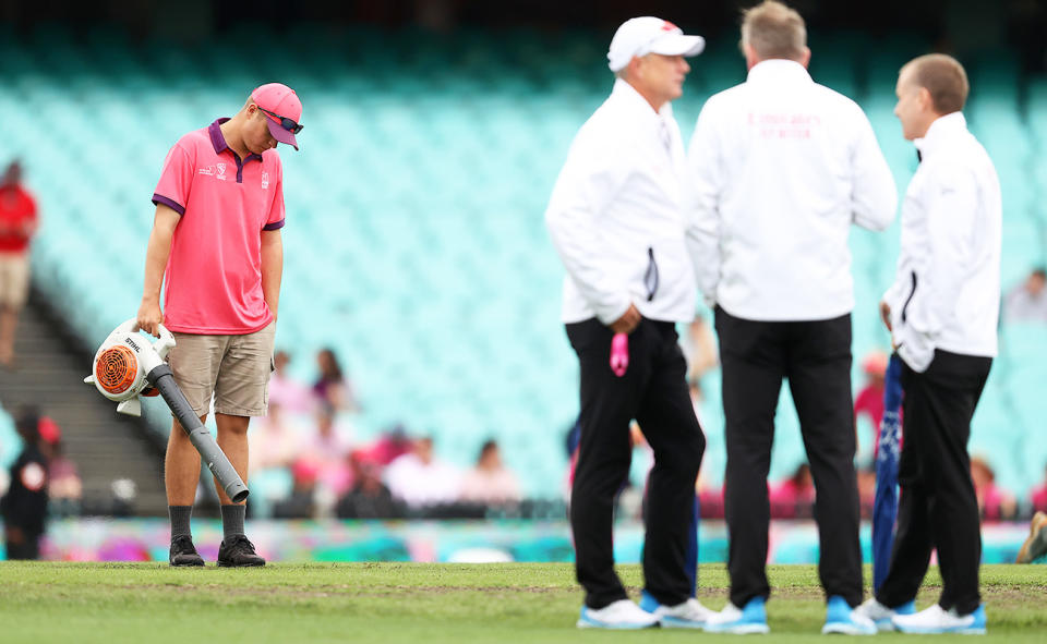 Ground staff, pictured here working on the field prior to day four in the third Test between Australia and South Africa.