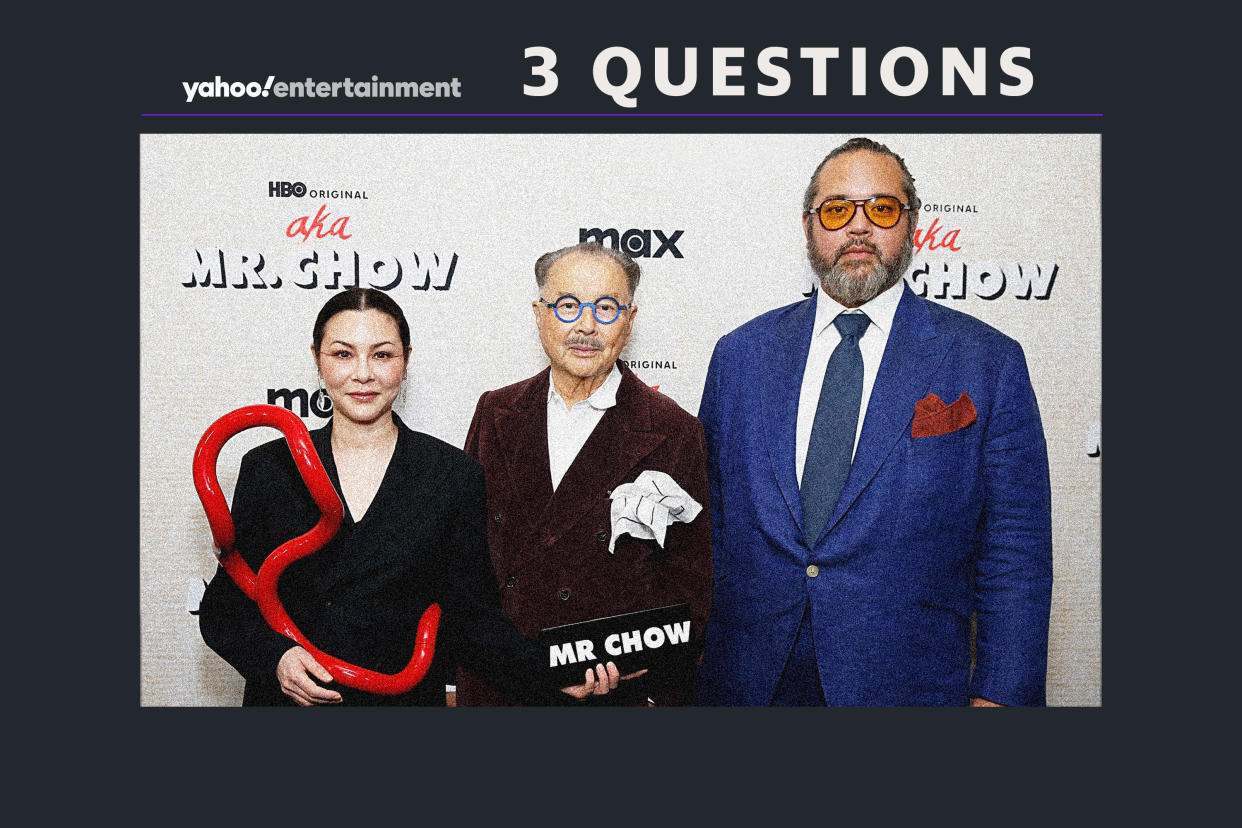 Legendary restauranteur, Michael Chow (center), attends the AKA Mr. Chow premiere alongside his daughter, China Chow (left), and son, Maximillian Chow (right). (Photo illustration: Yahoo News; photos: Getty Images)