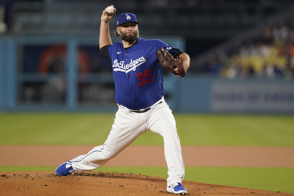 Los Angeles Dodgers starting pitcher Lance Lynn throws during the first inning of a baseball game against the Detroit Tigers, Monday, Sept. 18, 2023, in Los Angeles. (AP Photo/Ryan Sun)