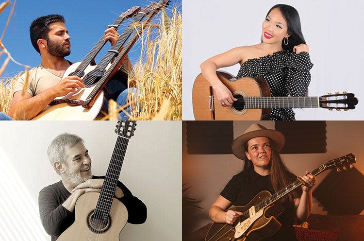 Clockwise from top left, Luca Stricagnoli, Thu Le, Minnie Marks and Marco Pereira bring International Guitar Night to Goshen College on March 9, 2024.