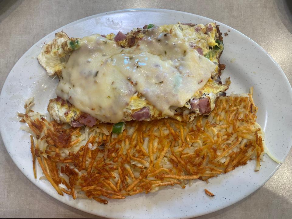 Farmer's omelet and hashbrowns.