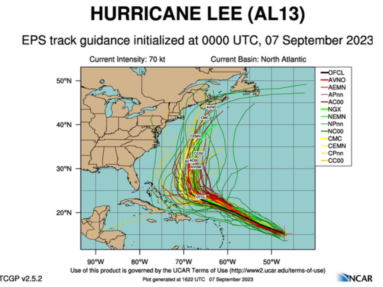 A spaghetti model showing Hurricane Lee’s likely paths (National Centre for Atmospheric Research)