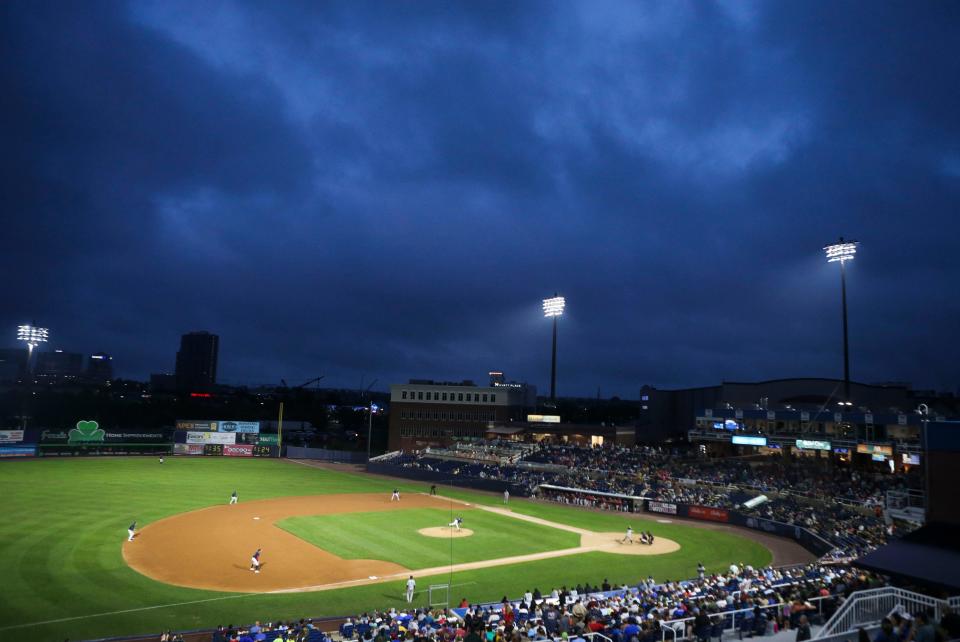 The announced crowd of 5,313 watches the Blue Rocks take on the Hudson Valley Renegades on a Friday fireworks night at Frawley Stadium, August 4, 2023.