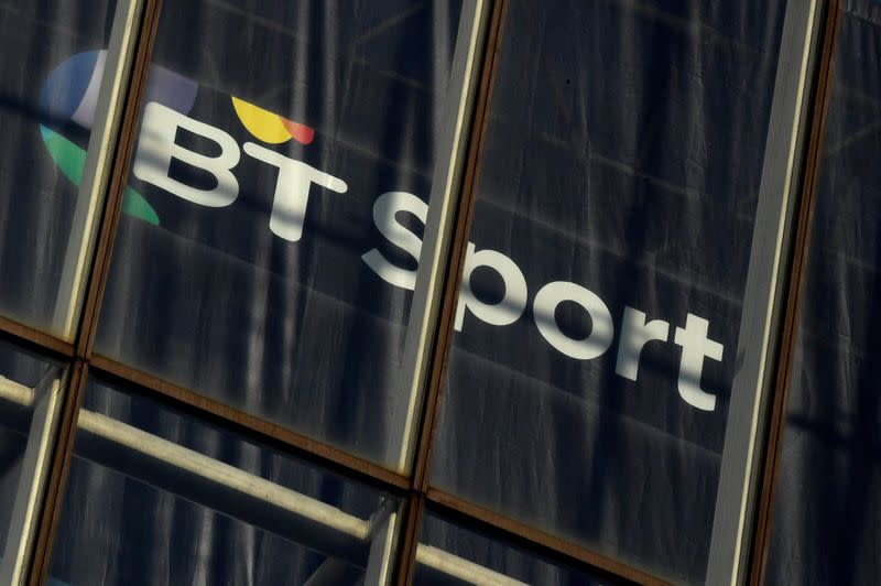 FILE PHOTO: A BT Sport logo is displayed in an office in the City of London