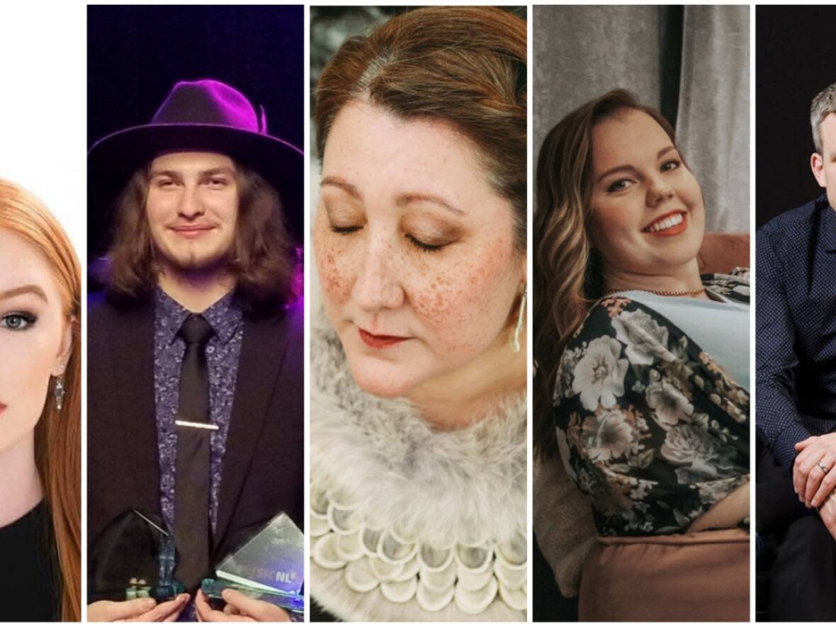 Rachel Cousins, Nick Earle, Deantha Edmunds, Rosemary Lawton and Florian Hoefner (from left to right), each won two MusicNL awards Saturday night. (Rachel Cousins/CBC/Jennie Williams/Lindsay Ralph/Bo Huang - image credit)