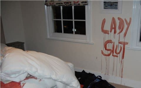 Purbrick used a garden sprayer and several litres of pig's blood to cover the walls with phrases such as "whore, lady slut" and "big d*** lord".