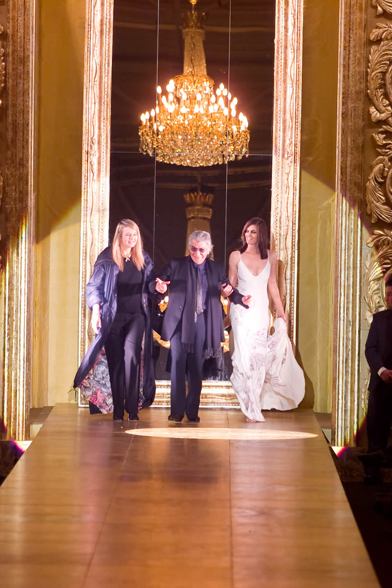 Designer Roberto Cavalli on the runway at his Fall 2002 show in Milan.