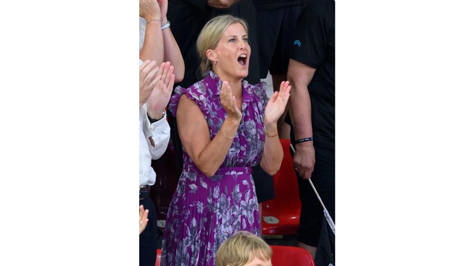 Sophie, Duchess of Edinburgh celebrates after Team GB claim gold in the women's team sprint