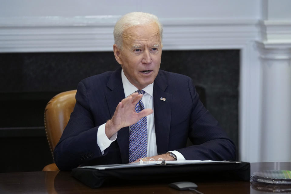 President Joe Biden participates virtually in the CEO Summit on Semiconductor and Supply Chain Resilience in the Roosevelt Room of the White House, Monday, April 12, 2021, in Washington. (AP Photo/Patrick Semansky)