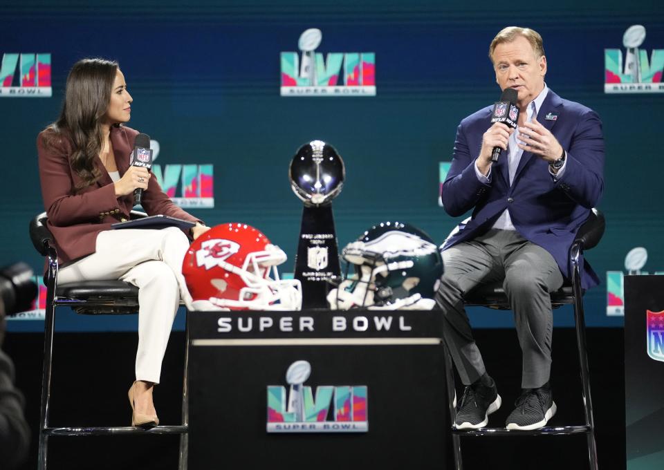 Feb 8, 2023; Phoenix, AZ, US;  NFL commissioner Roger Goodell answers questions during a news conference ahead of Super Bowl LVII as moderator Kaylee Hartung looks on at the Phoenix Convention Center. Mandatory Credit: Michael Chow-Arizona Republic