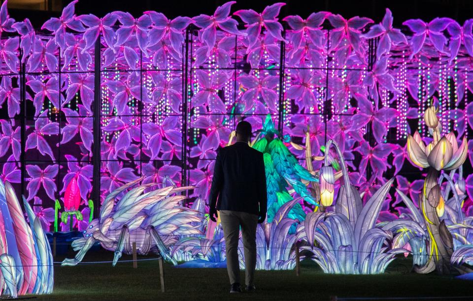 Hundreds of brightly colored, enchanted and whimsical lanterns greet visitors during a sneak peek opening of the Stockton Lantern Festival at the Stockton Ballpark in downtown Stockton on Nov. 20, 2023. The festival opens on Nov. 24 and runs through Jan. 14, 2024.