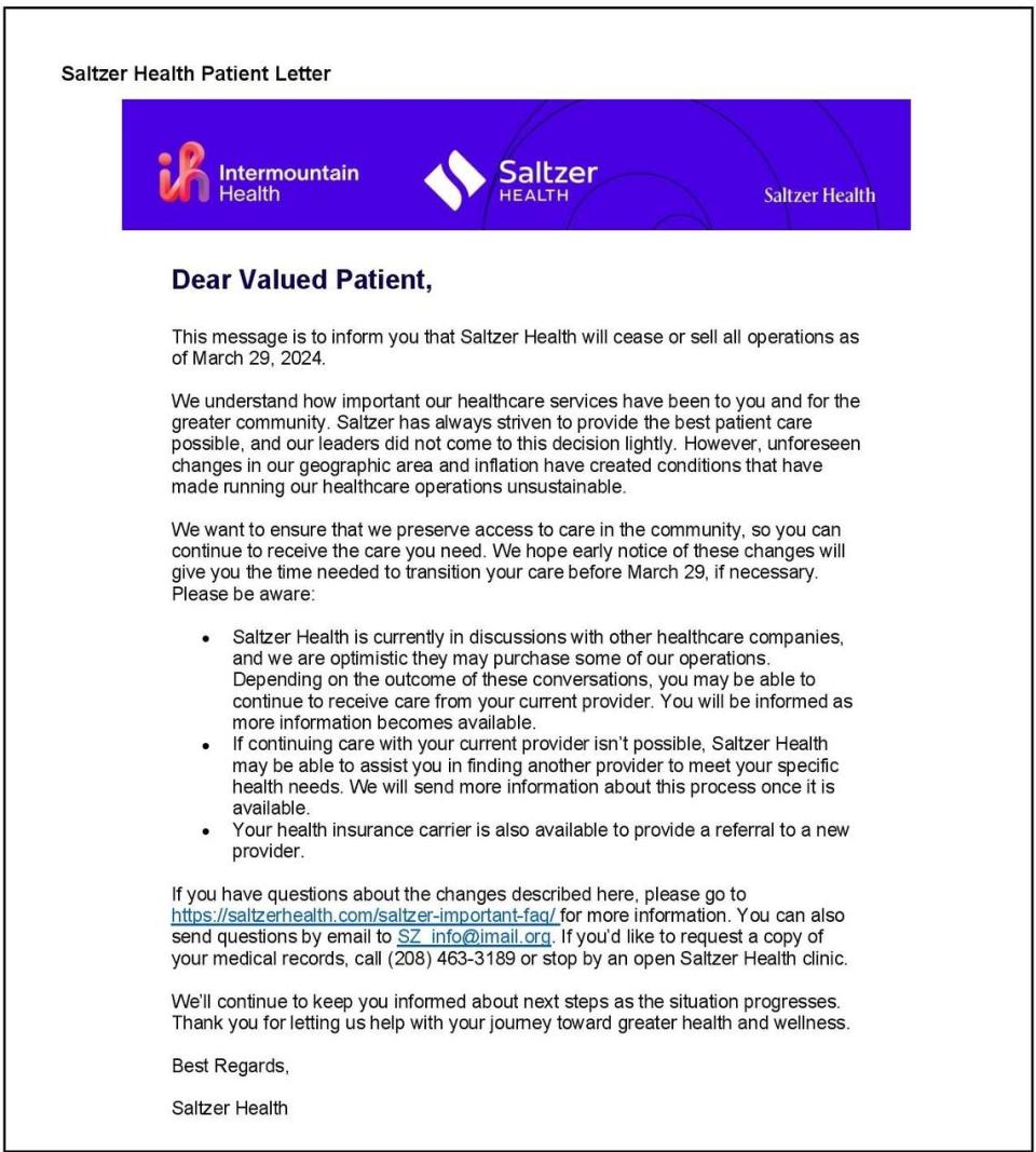 Saltzer Health’s Jan. 18, 2024, letter to patients about the possible closing of all Boise-area clinics in March 2024.