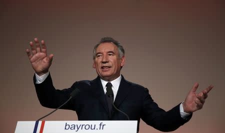 Francois Bayrou, French centrist politician and the leader of the Democratic Movement (MoDem), gestures as he speaks during a news conference at his party's headquarters in Paris, France, February 22, 2017. REUTERS/Gonzalo Fuentes