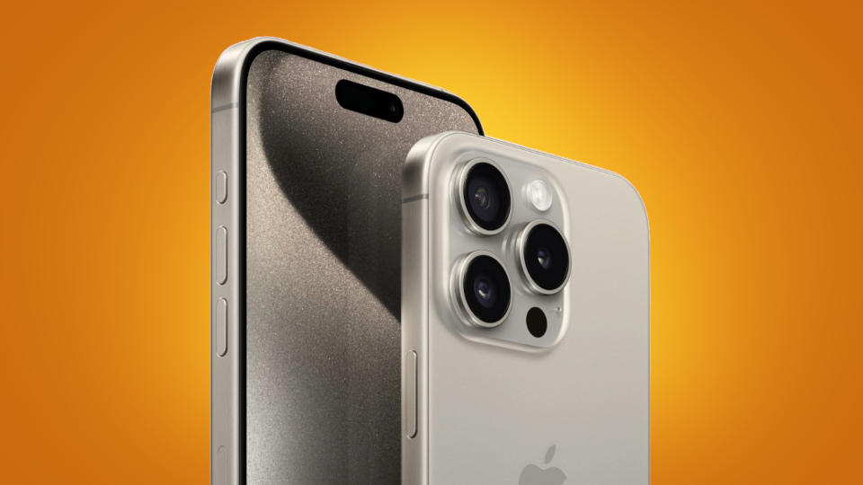 iPhone 15 Pro Max on an orange background