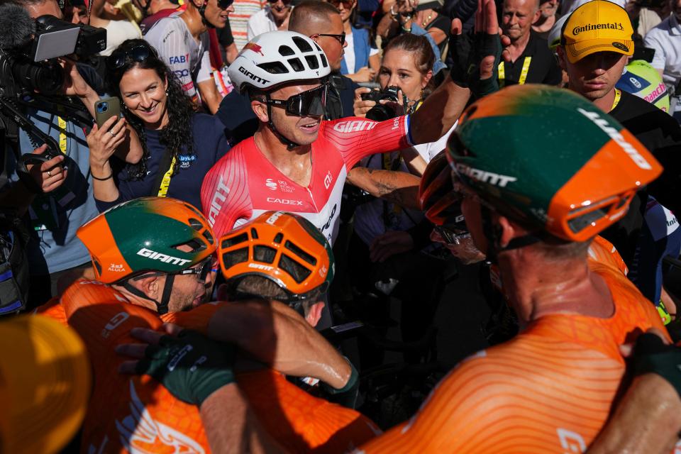 Team Jayco AlUla team's Dutch rider Dylan Groenewegen celebrates after winning the 6th stage of the 111th edition of the Tour de France cycling race, 163,5 km between Macon and Dijon, on July 4, 2024. (Photo by Daniel Cole / POOL / AFP)