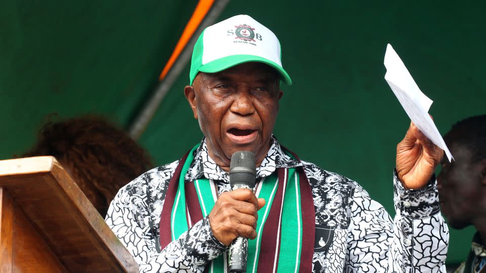 Joseph Boakai speaks during his campaign rally at the Soul Clinic Community, outside Monrovia, Liberia, on August 26, 2023. - Ahmed Jallanzo/EPA-EFE/Shutterstock