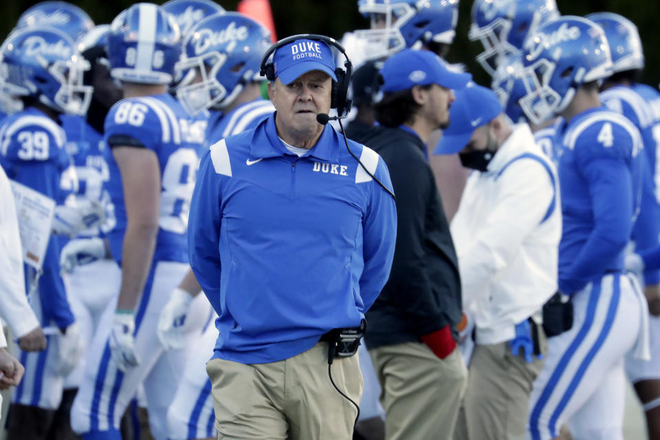 Duke head coach David Cutcliffe walks the sidelines during the second half of an NCAA college football game against Miami, Saturday, Nov. 27, 2021, in Durham, N.C. (AP Photo/Chris Seward)