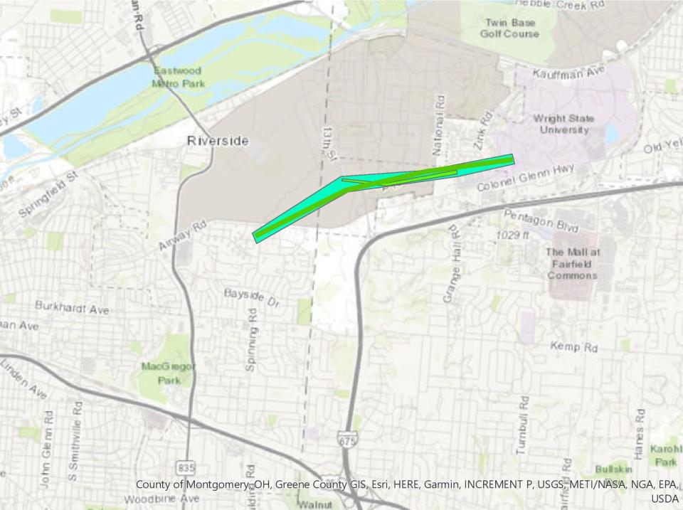 The path of the EF1 tornado that touched down near Riverside in Montgomery County. It traveled west to east.