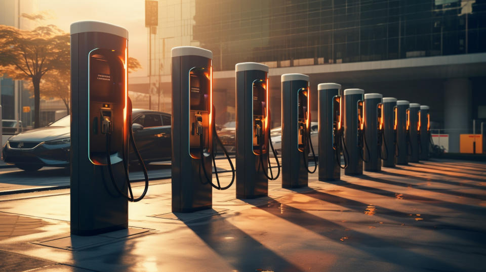 A row of charging stations glowing with the power of the sun ready for public use.