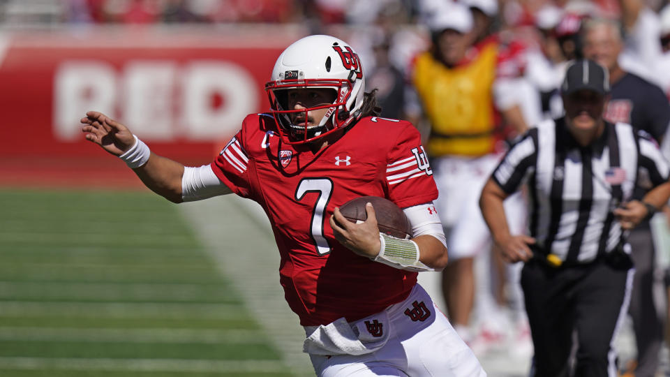 Utah quarterback Cameron Rising (7) runs for a touchdown against Oregon State during the first half of an NCAA college football game Saturday, Oct. 1, 2022, in Salt Lake City. (AP Photo/Rick Bowmer)