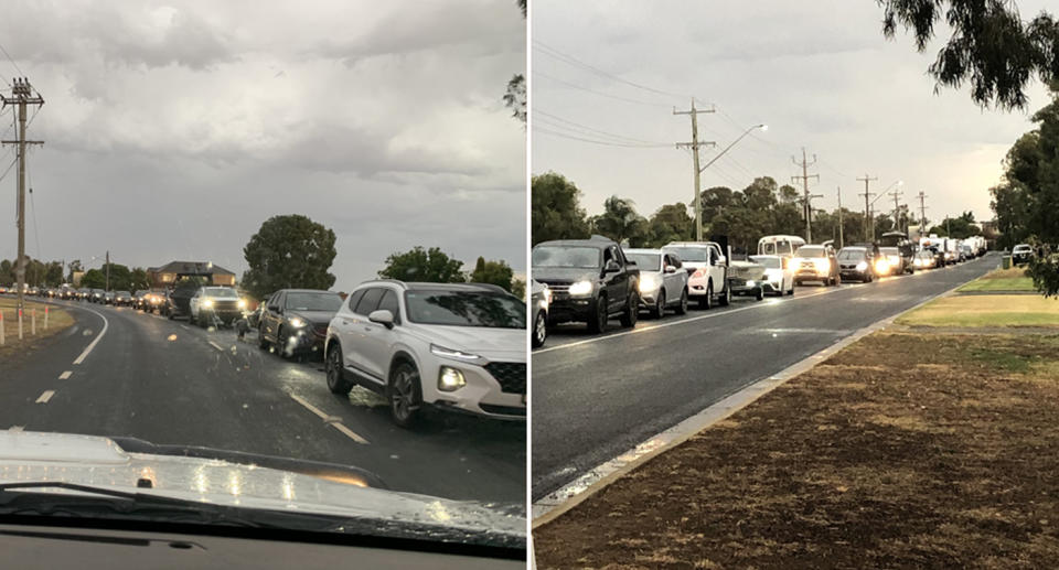 Two photos of cars lined up to cross the border into Victoria from Mulwala in NSW.