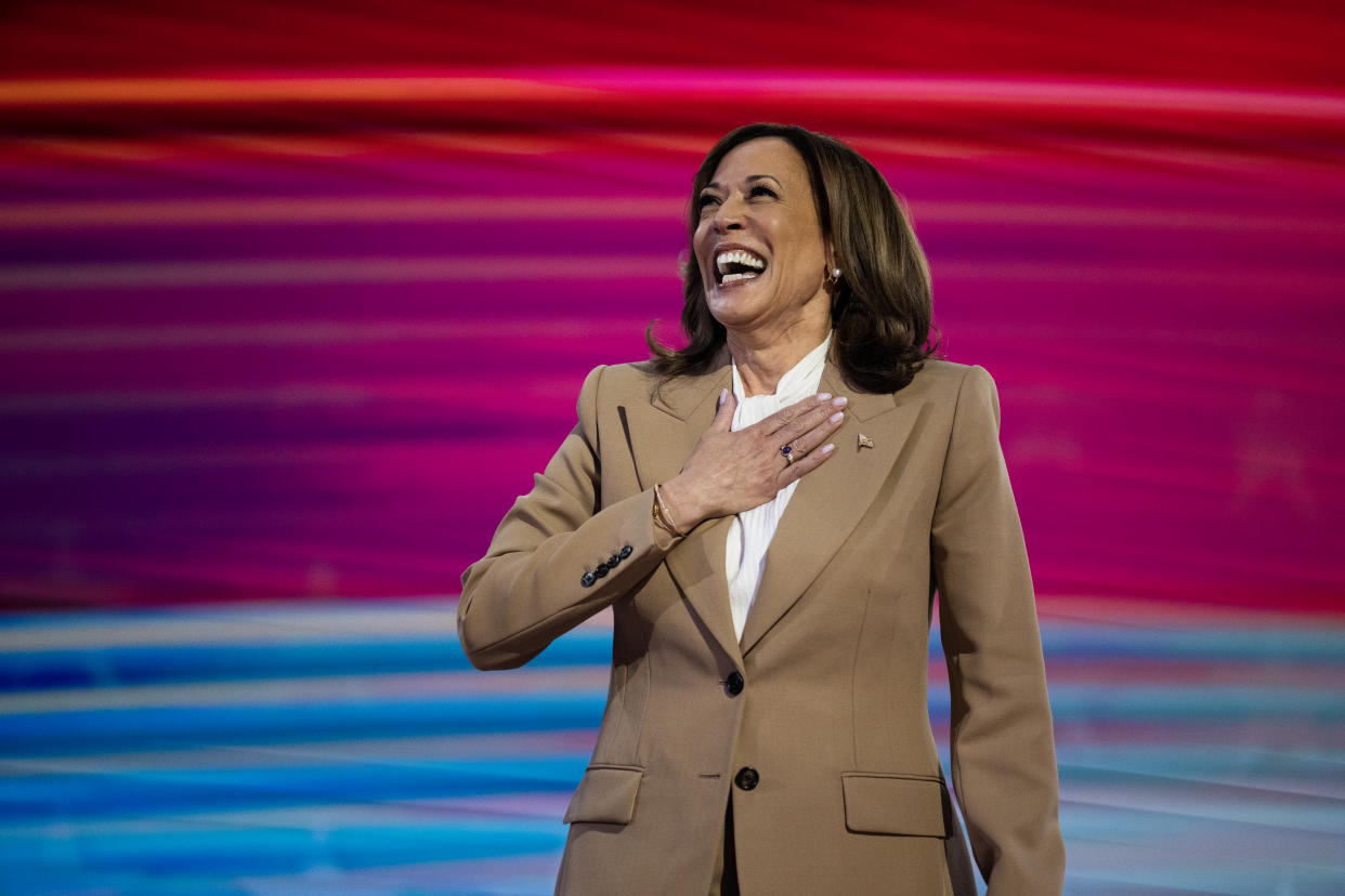 UNITED STATES - AUGUST 19: Vice President Kamala Harris addresses the Democratic National Convention at the United Center in Chicago, Ill., on Monday, August 19, 2024. (Tom Williams/CQ-Roll Call, Inc via Getty Images)