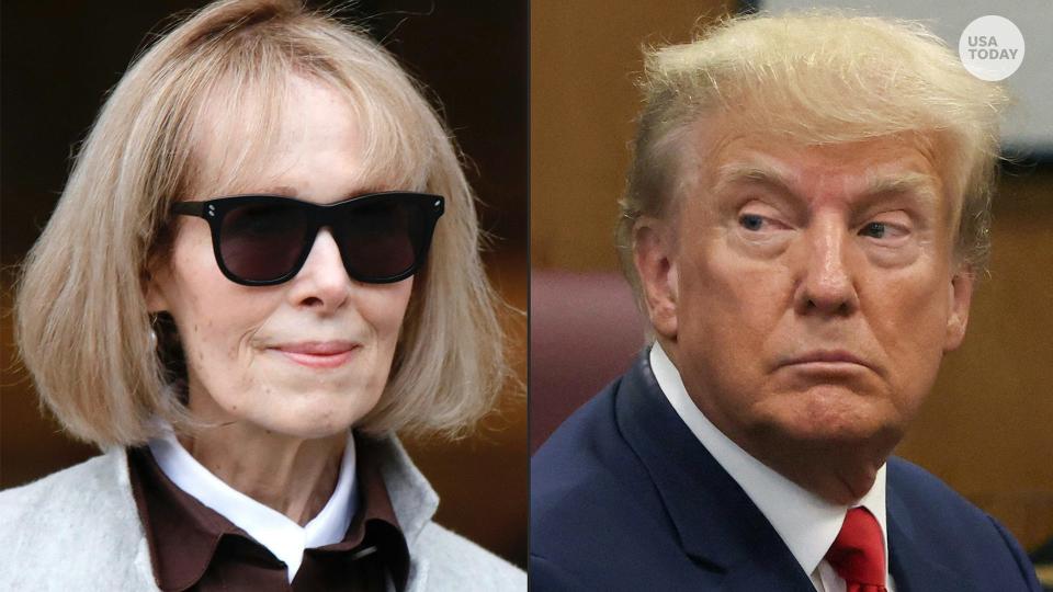 This combination of pictures created on May 09, 2023, shows Writer E. Jean Carroll at the Manhattan Federal Court in New York on April 25, 2023, and former President Donald Trump at the Manhattan Criminal Court in New York on April 4, 2023.