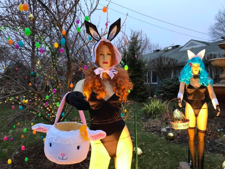 Dr. Wayne Gangi said his risqué lawn display is an homage to Hugh Hefner, but many see it as lewd Easter decor. (Photo: Courtesy of Alice Stockton-Rossini)