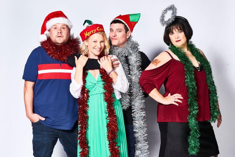 Ruth Jones (far right) is currently penning a new Gavin and Stacey Christmas special with James Corden (far left) (PA Media)