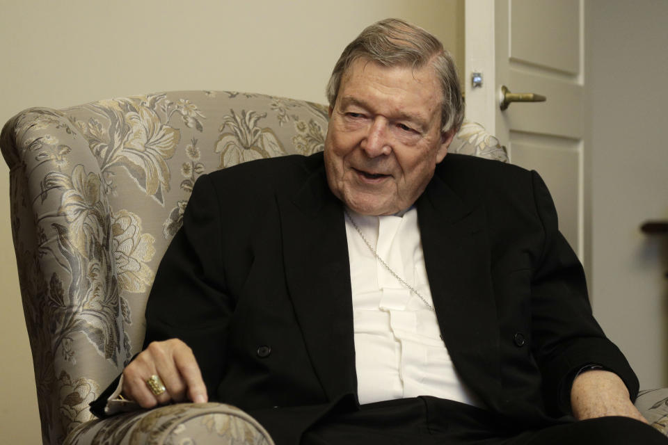 Australian Cardinal George Pell is interviewed by The Associated Press in his home at the Vatican, Thursday, May 20, 2021. Pell, who was convicted and then acquitted of sex abuse charges in his native Australia, is spending his newfound freedom in Rome. Pell strongly denied the charges and his supporters believe he was scapegoated for the Australian Catholic Church’s botched response to clergy sexual abuse. (AP Photo/Gregorio Borgia)