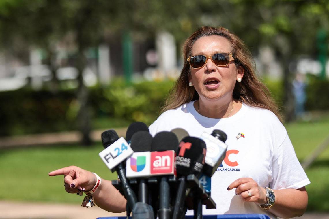 Adelys Ferro, director of Venezuelan-American Caucus, denounces the decision by Florida Gov. Ron DeSantis to fly a load of Venezuelan asylum seekers to Martha’s Vineyard. The press conference was on Thursday, Sept. 15, 2022, in South Florida.