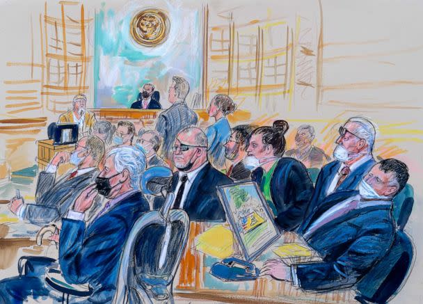 PHOTO: This artist sketch depicts the trial of Oath Keepers leader Stewart Rhodes and four others charged with seditious conspiracy in the Jan. 6, 2021, Capitol attack, in Washington, D.C., Oct. 6, 2022. (Dana Verkouteren via AP, FILE)