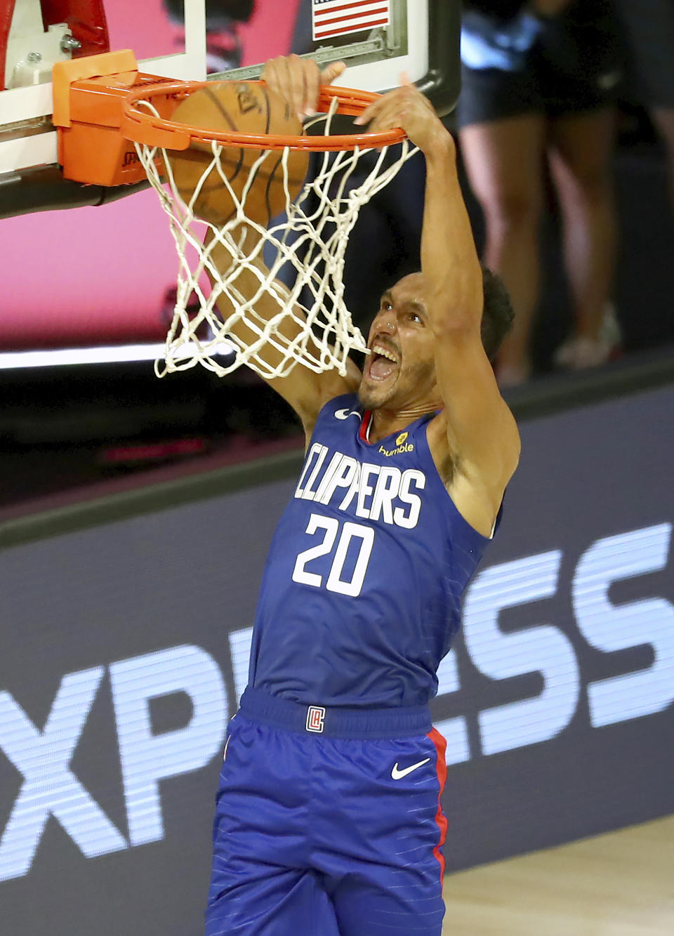 Los Angeles Clippers guard Landry Shamet (20) dunks during the second half against the Portland Trail Blazers in an NBA basketball game Saturday, Aug. 8, 2020, in Lake Buena Vista, Fla. (Kim Klement/Pool Photo via AP)