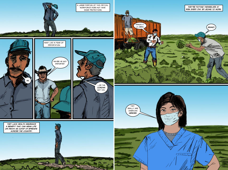The comic depicts farm workers and a nurse giving out medical masks. (Rio Bravo Comics)