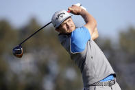 Sebastian Cappelen of Denmark plays his shot from the second tee on the Torrey Pines South Course during the first round of The Farmers Insurance golf tournament in San Diego, Thursday, Jan. 23, 2020. (AP Photo/Alex Gallardo)