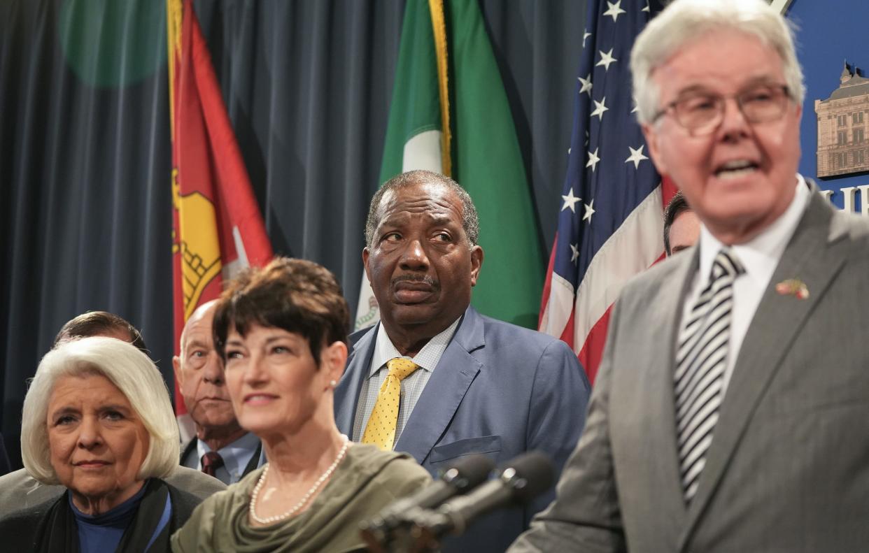 Sen. Royce West, D - Dallas, listens to Lt. Gov. Dan Patrick speak at a news conference after a property tax relief bill was passed by the Senate at the Capitol on Tuesday June 20, 2023.