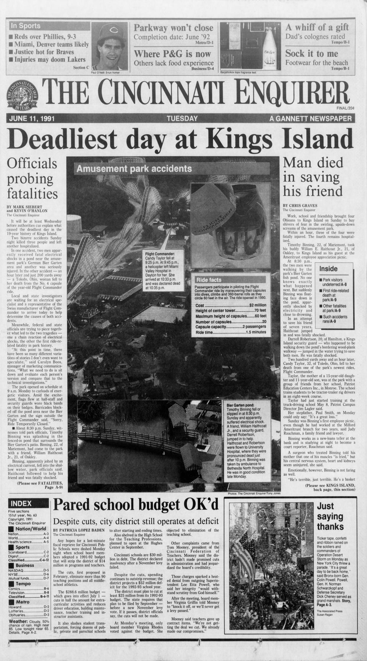 The Cincinnati Enquirer front page from June 11, 1991: Deaths at Kings Island.