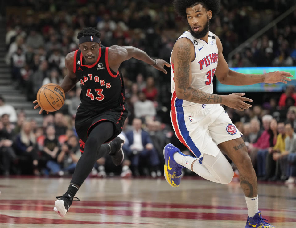 Toronto Raptors forward Pascal Siakam (43) moves against Detroit Pistons forward Marvin Bagley III (35) during the first half of an NBA basketball game Friday, March 24, 2023, in Toronto. (Frank Gunn/The Canadian Press via AP)