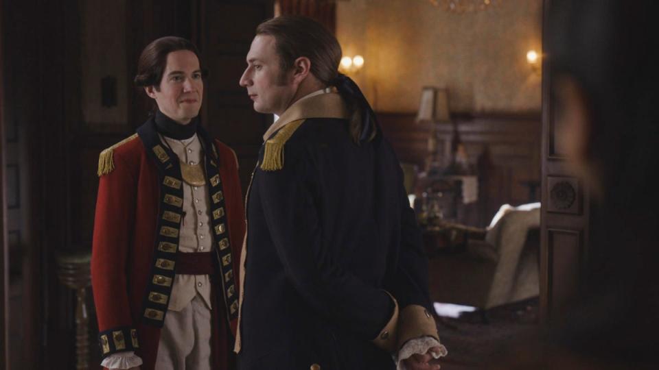 John Hartman as British officer Nigel Chessum and Brandon Scott Jones as American Isaac in the season finale of "Ghosts."