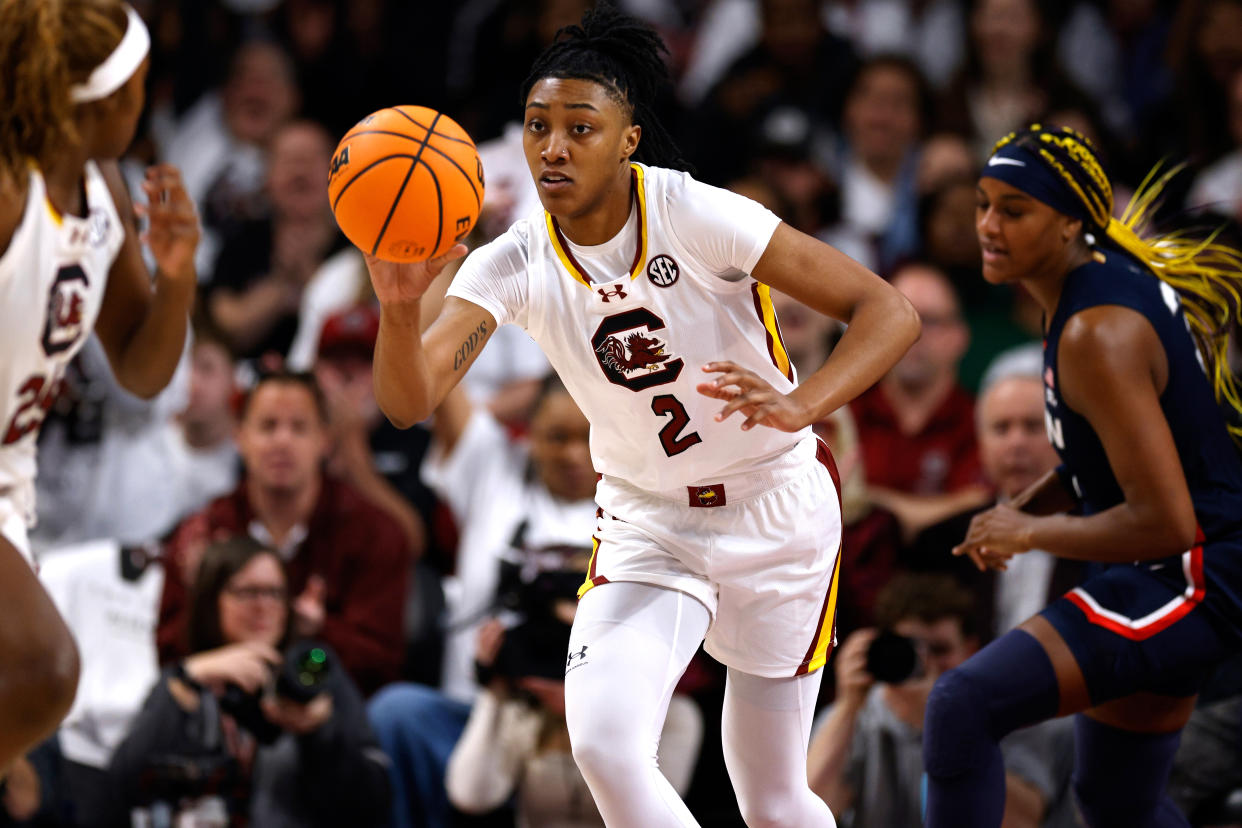 Ashlyn Watkins filled up the box score as South Carolina cruised to victory. (Lance King/Getty Images)