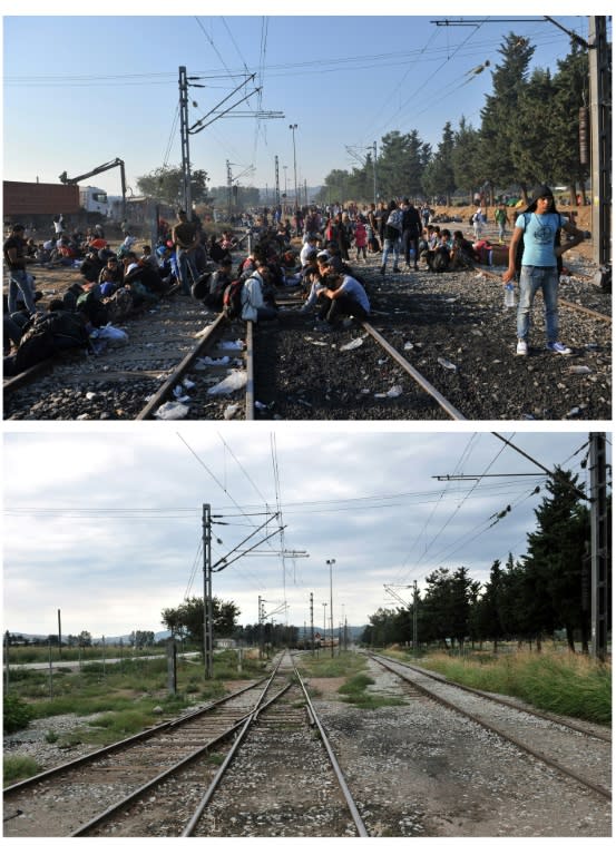 Combination of pictures shows refugees and migrants sitting at a makeshift camp near the Greek village of Idomeni on September 4, 2015 (top) and the site on August 23, 2016