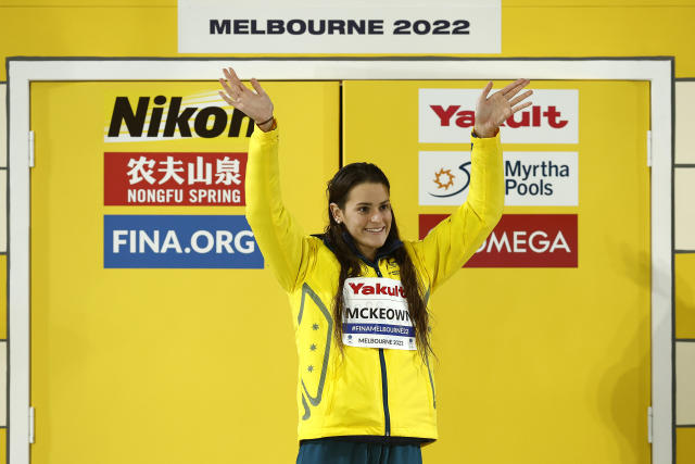 Pictured here, Kaylee McKeown celebrates after claiming gold in the 200m backstroke at the world short course championships. 