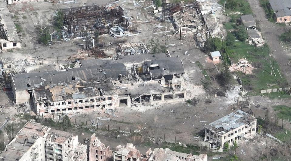 An aerial image taken from Ukrainian drone footage showing multiple ruined buildings in Chasiv Yar, Donestk region, Ukraine, on April 29 2024.