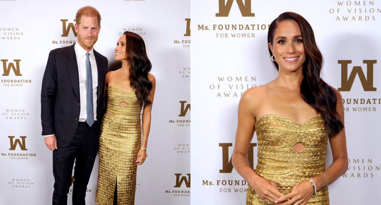 split screen of meghan markle and prince harry, NEW YORK, NEW YORK - MAY 16: Prince Harry, Duke of Sussex and Meghan, The Duchess of Sussex attend the Ms. Foundation Women of Vision Awards: Celebrating Generations of Progress & Power at Ziegfeld Ballroom on May 16, 2023 in New York City. (Photo by Kevin Mazur/Getty Images Ms. Foundation for Women)