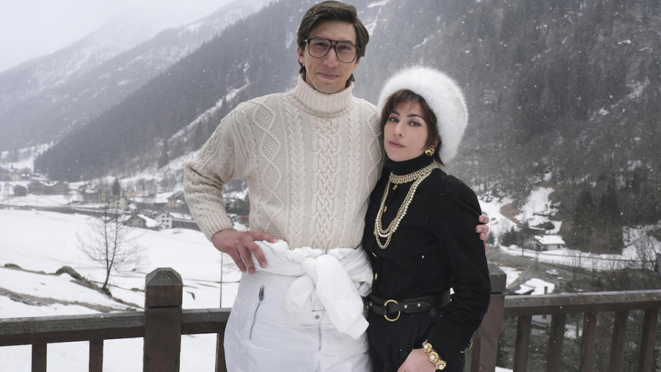 Adam Driver and Lady Gaga pose on a ski mountain in House of Gucci